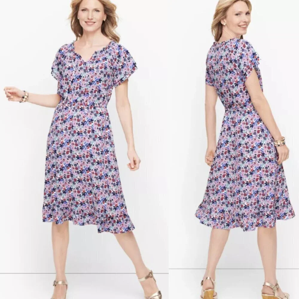 Talbots Paradise Floral Print Flutter Sleeve Popover Dress 29531 - Picture 2 of 15